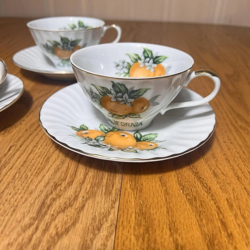 VTG SET of 3 'California' E W Princess Tea Cups Saucer Hand Painted Oranges Gold